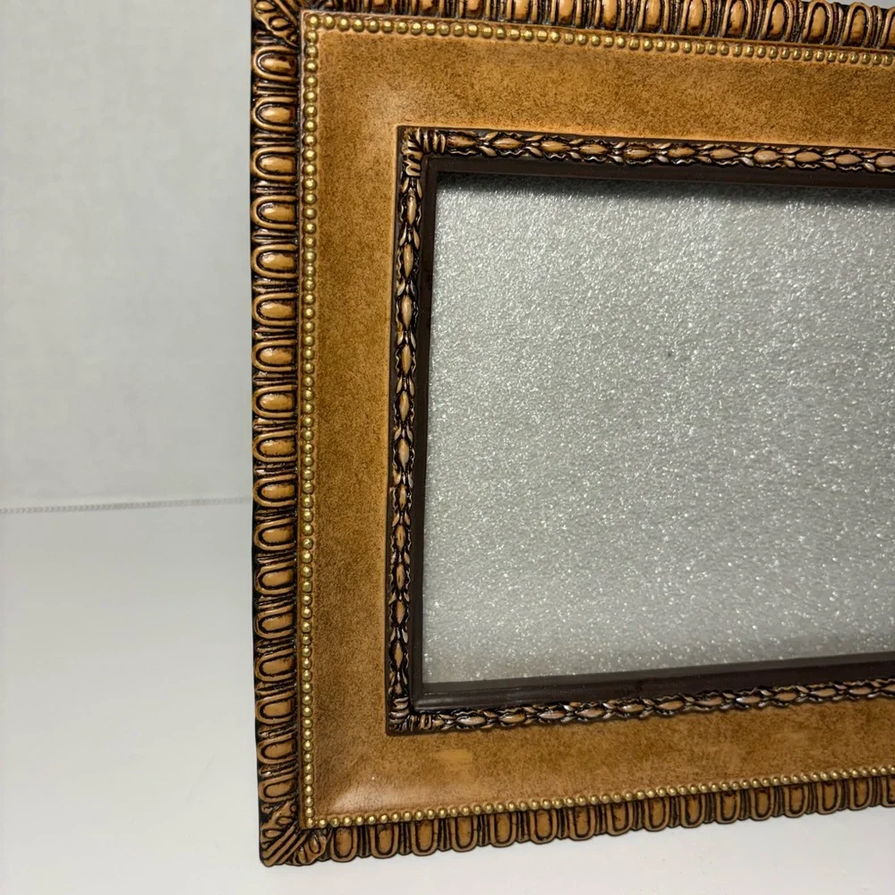 Picture Frame 5X7 Photo Heavy Leather Look  Carved Faux? Wood Detail 7.5” X 9.5”
